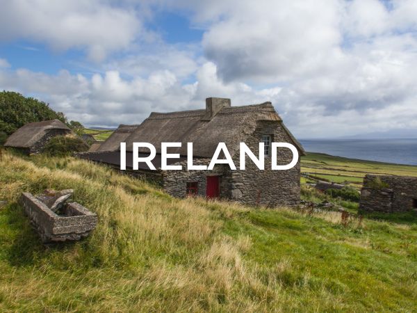 Category selection image that says "Ireland" with a photo of an old stone house in a lush green rolling field.