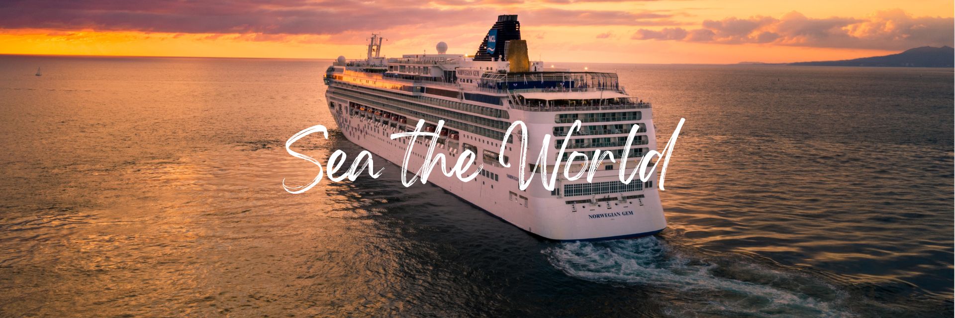 Photo of a sailing ship in the port of St Kitts. There are colourful shops on shore with a rainbow stretching across the sky. The text on the photo reads "Sea the World". 